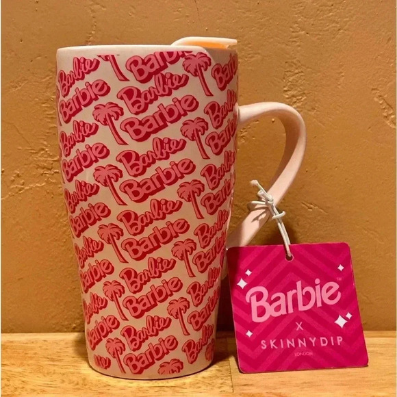 Barbie Other - Skinny Dip BARBIE Logo Palm Tree Ceramic Mug with Lid. Pink Barbie Logo NWTS